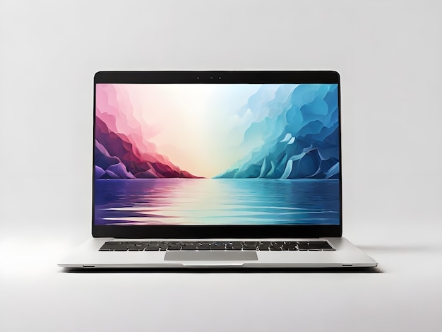 a laptop with a colorful image of a rainbow colored sky on the screen laptop mockup