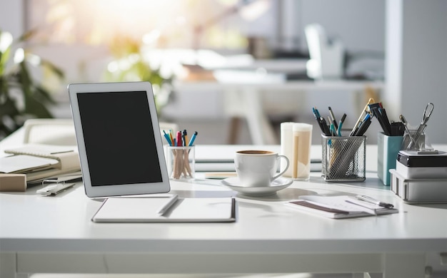 Photo a laptop with a cup of coffee and a cup of coffee on a desk