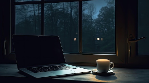 Photo a laptop with a cup of coffee on it in front of a window