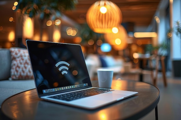 Photo a laptop with a cup of water and a cup of water on the table