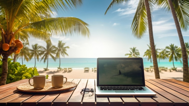 Laptop with cut out screen at sea resort remote work