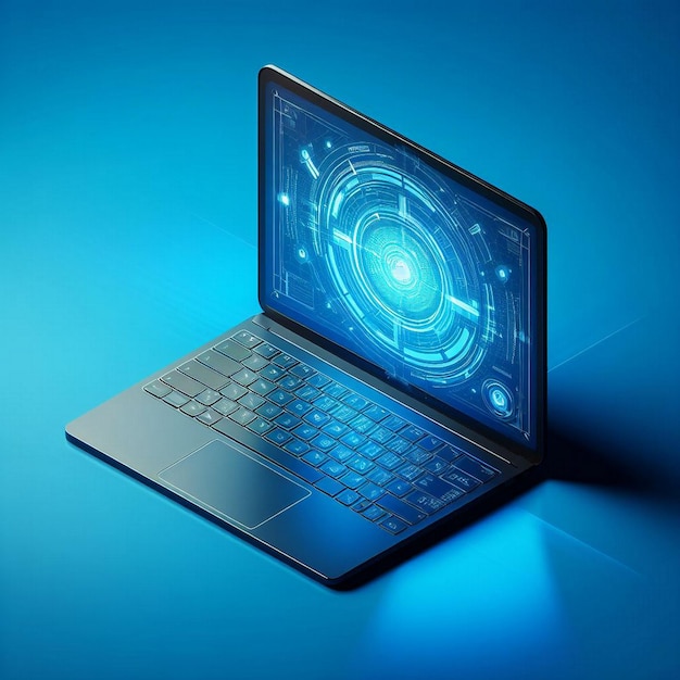 Laptop with digital interface on blue background 3d illustration