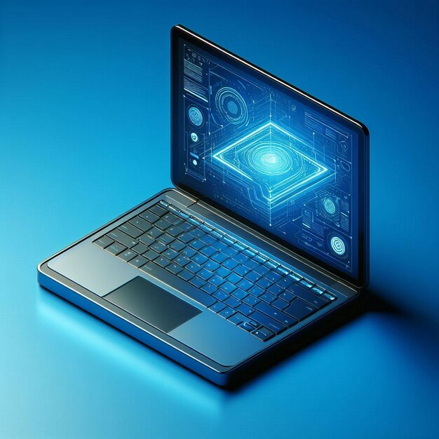 Laptop with digital interface on blue background 3d illustration