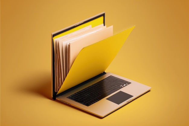 Laptop with file folder on screen document folder yellow background AI