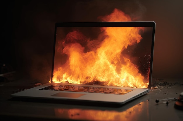 A laptop with a fire on the screen