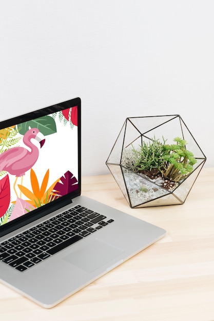 Laptop with flamingo on screen on wooden table