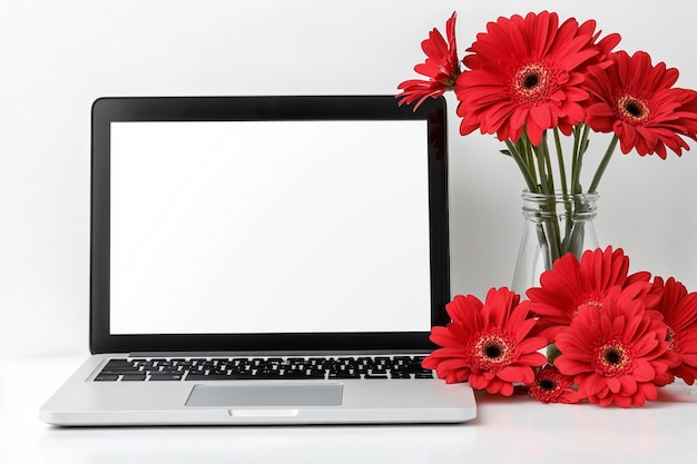 a laptop with flowers in front of a white background with a vase of red flowers in front of it