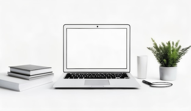 a laptop with a glass of water and a book next to it