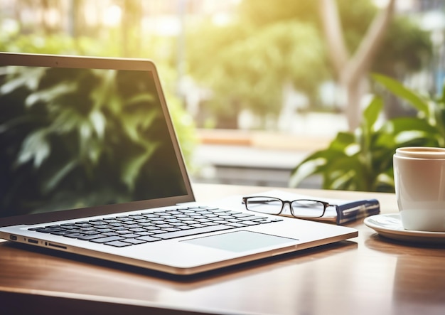 a laptop with glasses and a pen on a table.