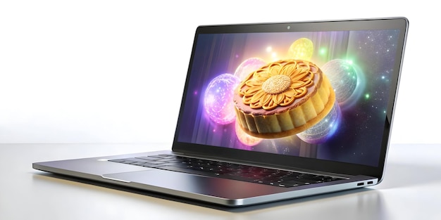 Photo a laptop with a gold cake on the screen that says  goldfish