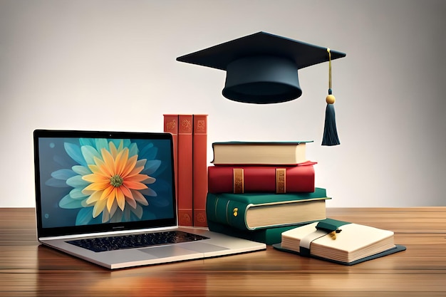 A laptop with a graduation cap on it next to a stack of books.