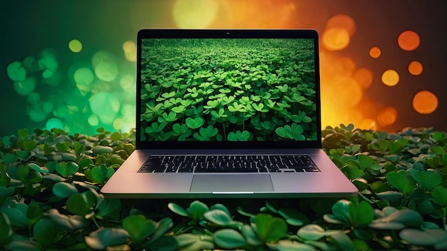 Laptop with a green clover on the monitor in a magical decor for St Patricks Day Seasonal remote work internet a holiday card shopping Luck green house AI generated