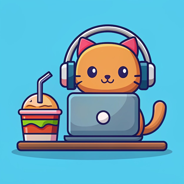 Laptop with Headphone Burger and Soda Vector Illustration Workspace Fast Food Icon Office Restaurant Flat Cartoon Style Suitable for Web Landing Page Banner Flyer Sticker Card Background