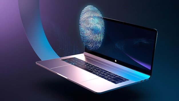 Photo laptop with a holographic fingerprint digital id and technology concept double exposure