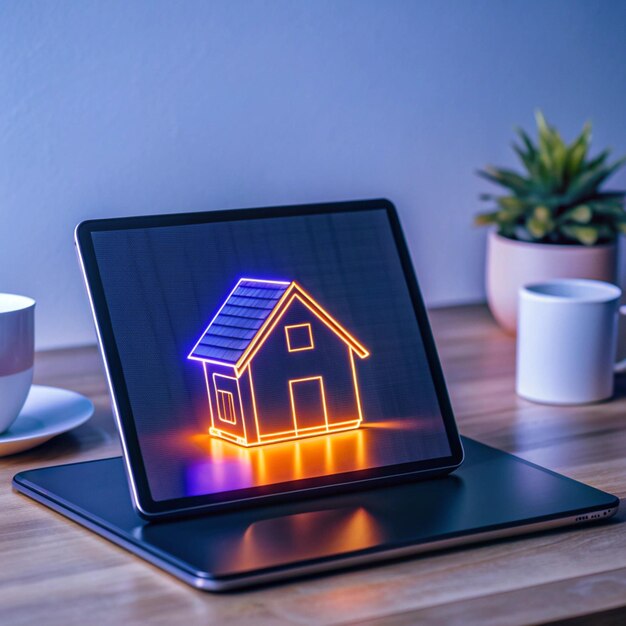 a laptop with a house on the screen that has a house on it