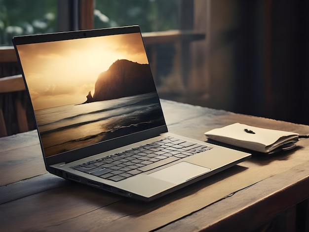 a laptop with the image of a sunset on the screen laptop mockup