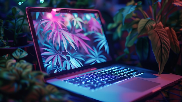 laptop with leaves on screen in neon light