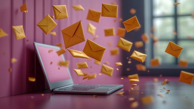 Photo a laptop with a letter and flying envelopes in a 3d render that represents the idea of email marketings