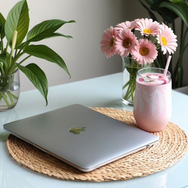 Photo a laptop with the logo on it sits on a table with flowers