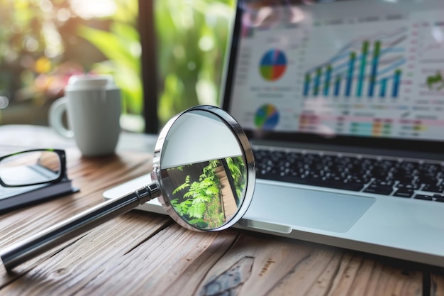 Photo a laptop with a magnifying glass on the screen and a cup of coffee in the background