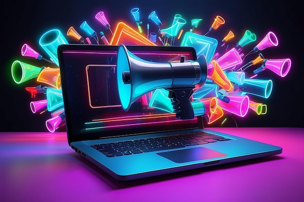 Laptop with megaphone background with colorful neon lights sales and marketing