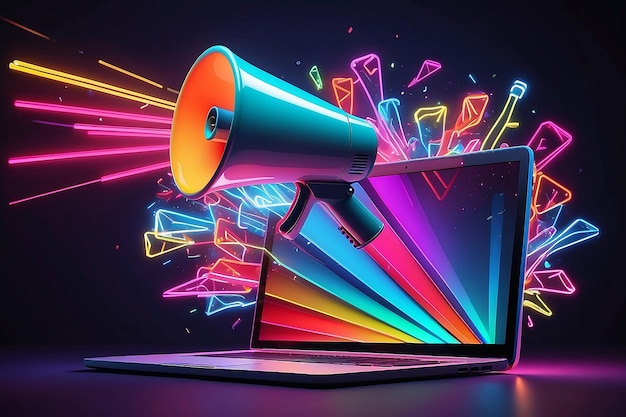 Photo laptop with megaphone background with colorful neon lights sales and marketing