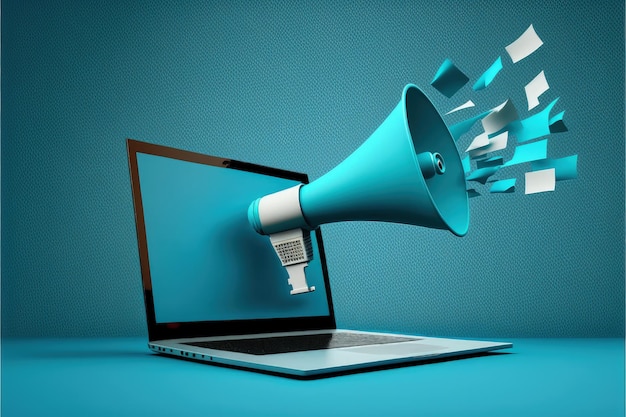 Laptop with megaphone coming out of the screen marketing concept blue background AI