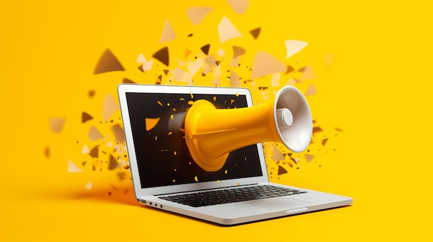 Laptop with megaphone on screen marketing concept yellow background Generative AI