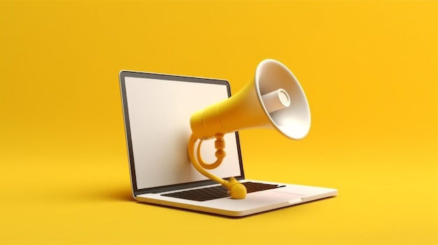 Laptop with megaphone on screen marketing concept yellow background