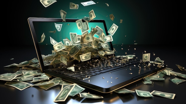 Laptop with Money HD 8K background Wallpaper Stock photographic image