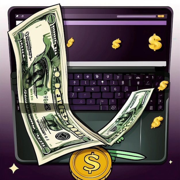 Photo laptop with money and rocket technology business cartoon vector icon