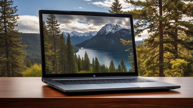 Photo a laptop with a mountain in the background