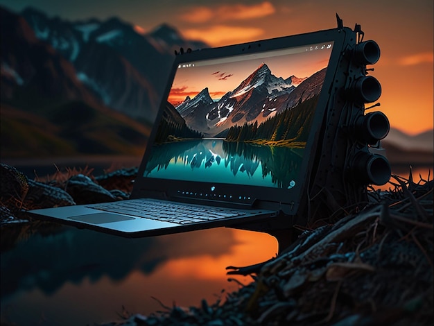 a laptop with a mountain landscape on the screen