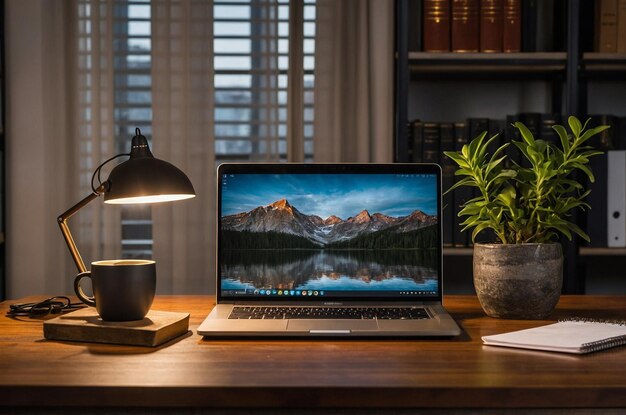 a laptop with a mountain on the screen and a lamp on the table