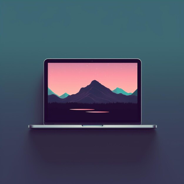 Photo a laptop with a mountain on the screen and a mountain in the background