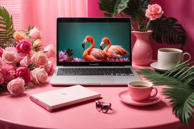 Laptop with notebook and small flamingos on pink table