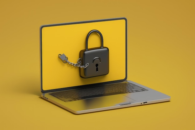 Laptop with padlock on screen safe browsing concept yellow background AI