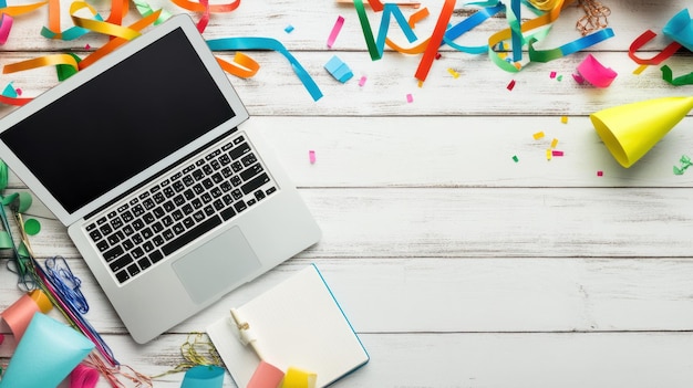 Laptop with Party Decorations on a White Wooden Table