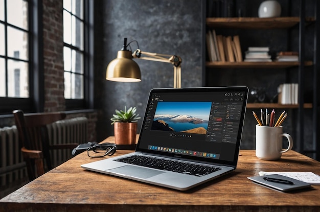 a laptop with a picture of a mountain on the screen