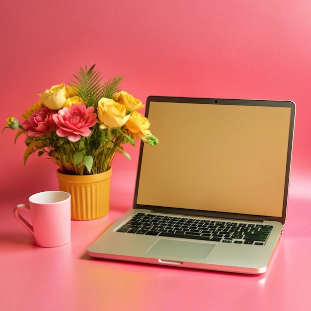 Photo a laptop with a pink background and a pot of flowers in front of it