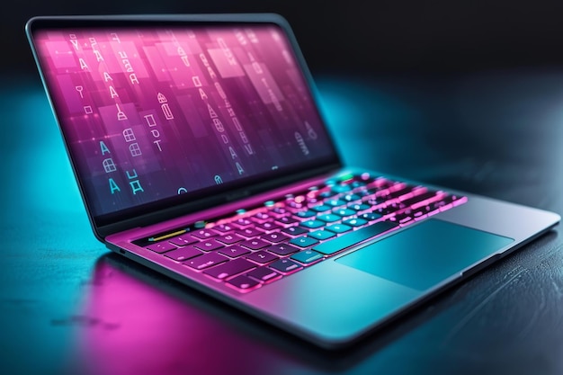 Photo laptop with pink neon lights and digital coding interface showcasing ai technology