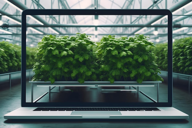 A laptop with a plant on it in a greenhouse.