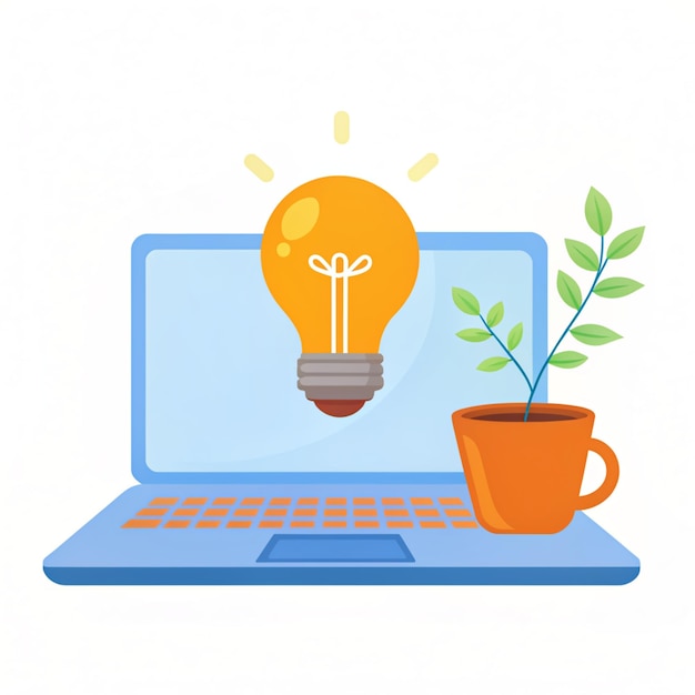 Photo laptop with plant and lamp cartoon vector icon illustration technology object icon concept isolated premium vector flat cartoon style