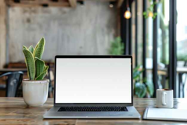 Photo a laptop with a plant on the screen is open and the screen is off