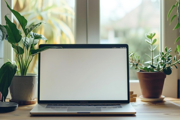 a laptop with a plant on the screen and a plant in the background