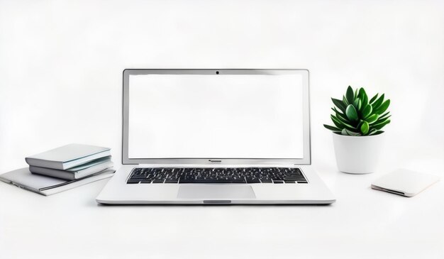 a laptop with a plant on the screen and a plant on the table