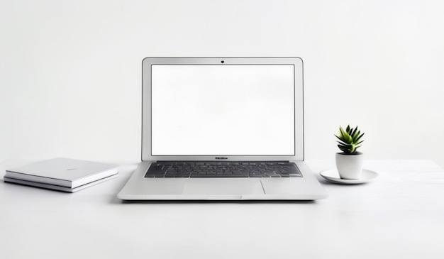 a laptop with a plant on the screen and a plant on the table