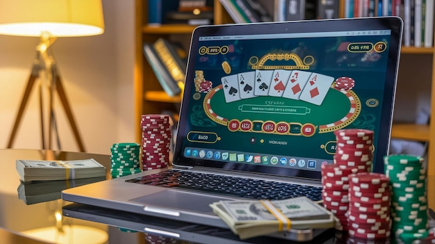 Photo a laptop with playing cards on it and a game of poker on the screen