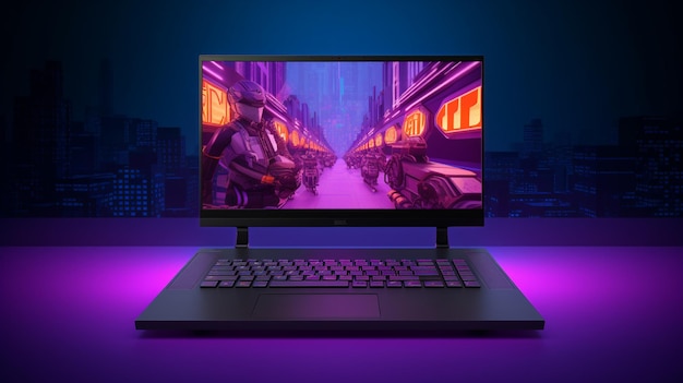 A laptop with a purple background and a lit up display showing the screen showing the game as well