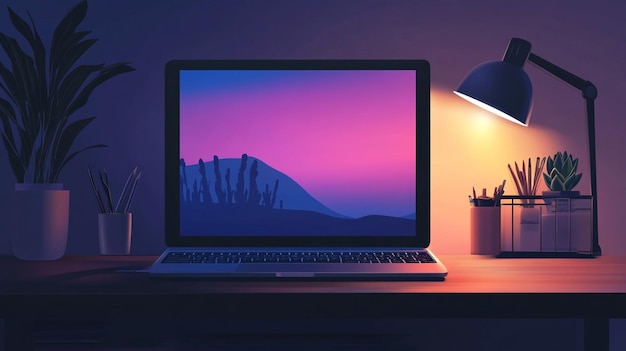 Photo a laptop with a purple background and a purple lamp on it